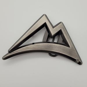 Mountain belt buckle with bottle opener on reverse